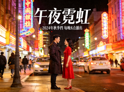 都市爱情剧《午夜霓虹》海报，夜晚城市街景与男女主角