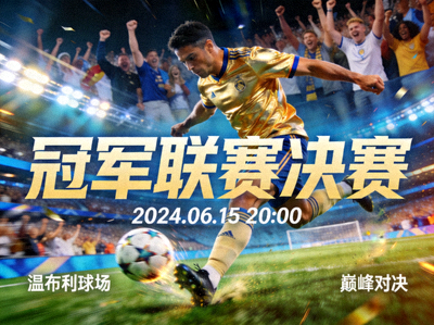 体育赛事《冠军联赛决赛》海报，足球运动员射门瞬间